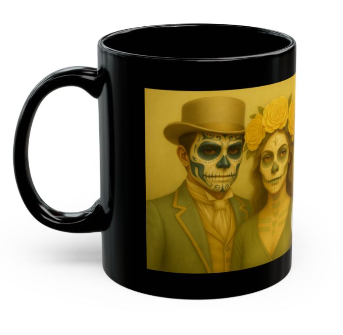 May yellow gothic couple mug sugar skull king queen side view ceramic mug