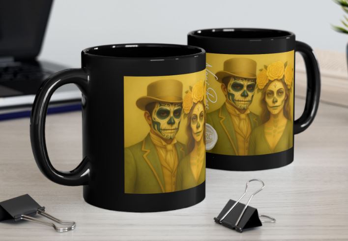 May gothic couple mug yellow sugar skull design kitchen mockup