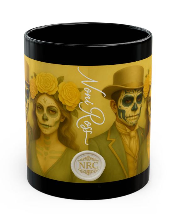 May yellow gothic couple mug spine view no handle sugar skull king queen