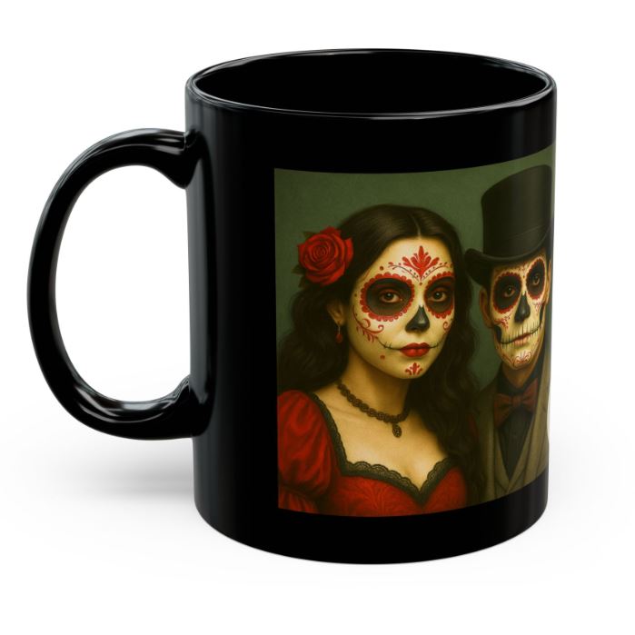 October Halloween gothic couple mug sugar skull king queen spooky side view