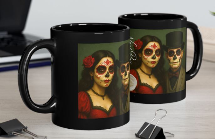 October gothic Halloween couple mug sugar skull design kitchen mockup