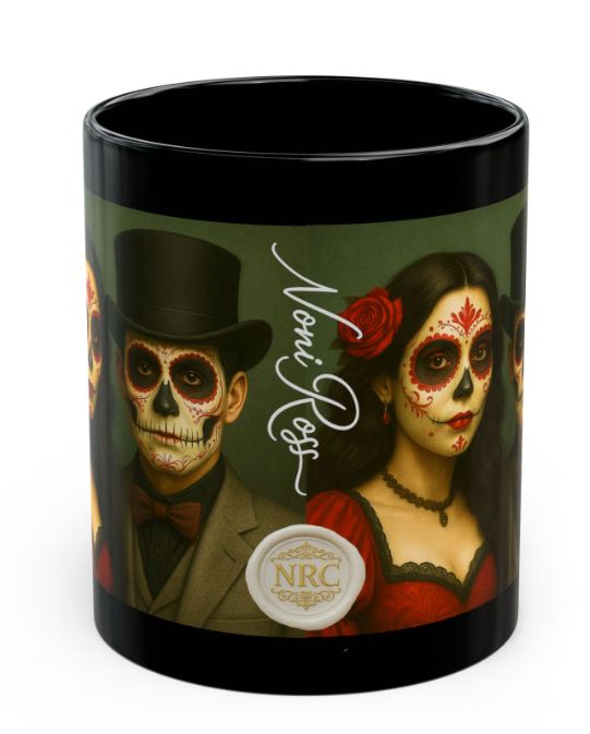 October Day of the Dead mug Halloween couple design back with handle sugar skull king queen