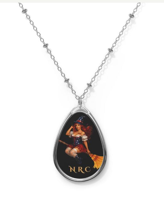 NRC witch pendant necklace with red haired witch design on teardrop pendant and silver chain