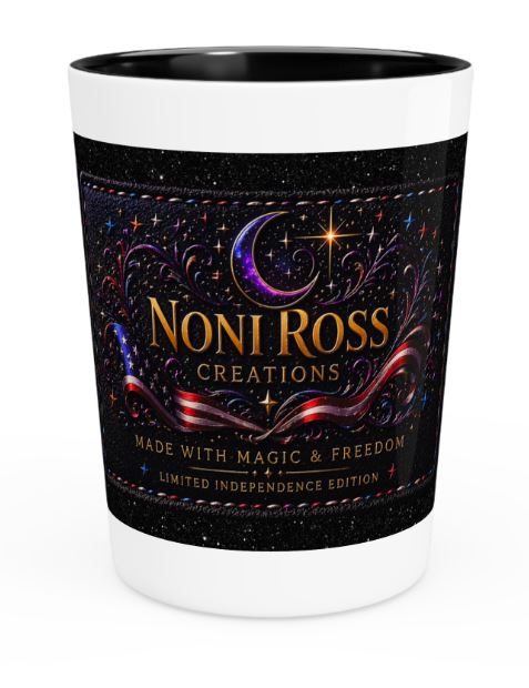 Black interior ceramic shot glass 1.9oz with NRC celestial logo design on starry background