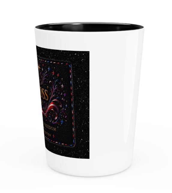 Opposite side of ceramic shot glass showing edge of printed design and black interior detail