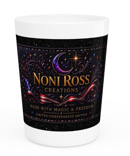 White ceramic shot glass 1.9oz with NRC celestial logo design on starry background