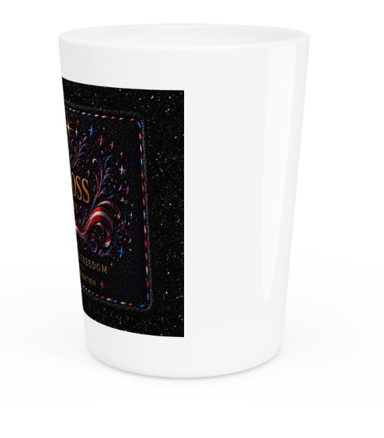 Opposite side of white shot glass showing edge of celestial design and white interior
