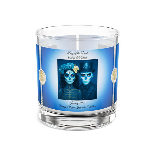 January day of the dead royal couple rocks glass 10oz with blue catrin and catrina vintage keepsake design