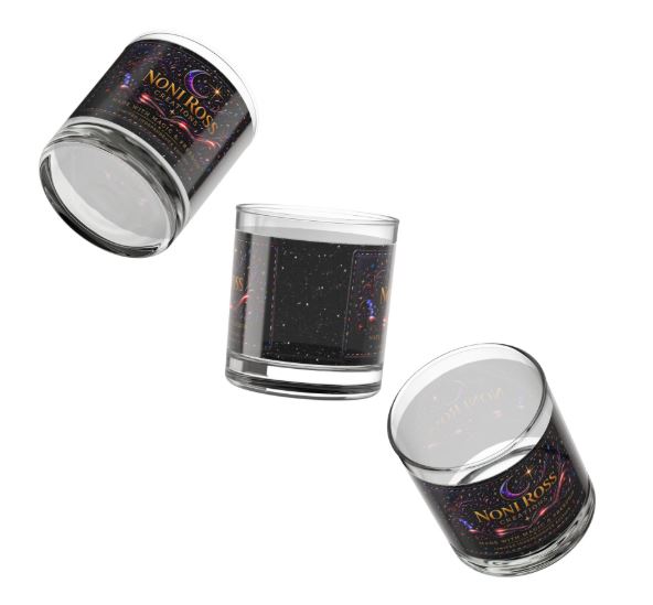 Close-up mockup of whiskey glass showing detailed starry print and logo