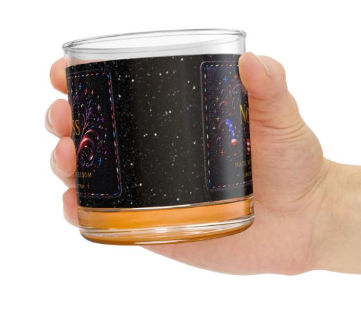 Close-up mockup of whiskey glass showing detailed starry print and logo