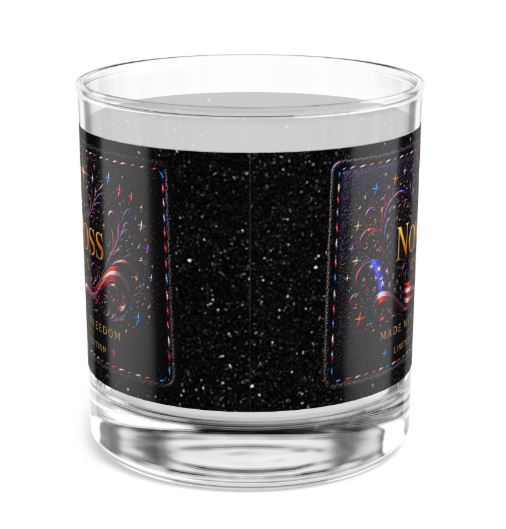Lifestyle mockup of rocks glass in bar setting with glowing celestial design