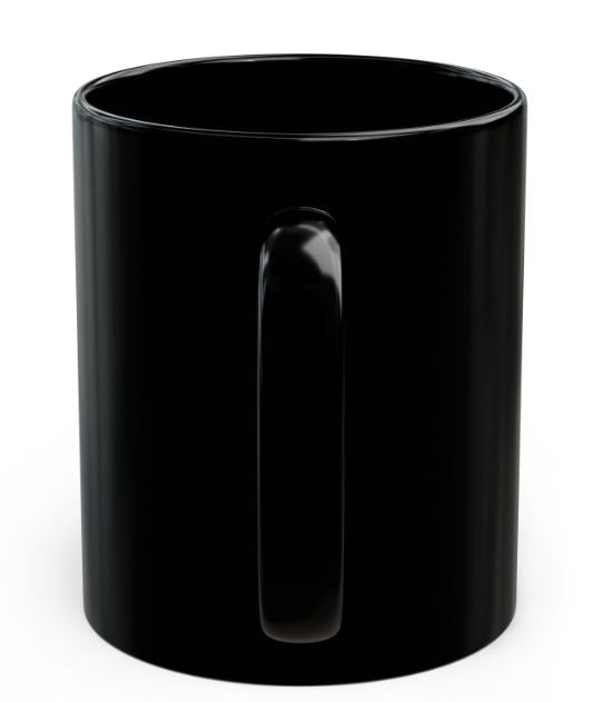 black mug showing wraparound gold frame artwork and Noni Ross signature branding