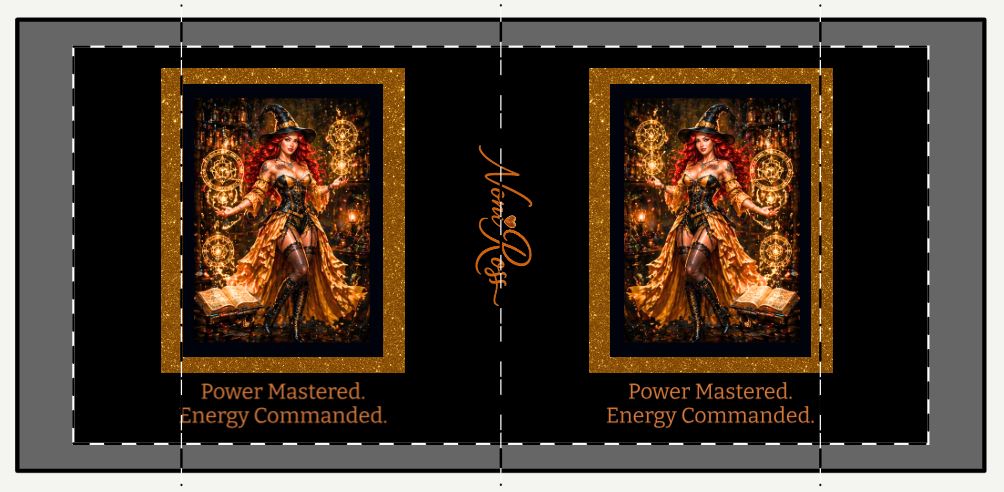 close up of Noni arcane conjuring artwork on black mug showing gold sigils, detailed costume, and high resolution print quality