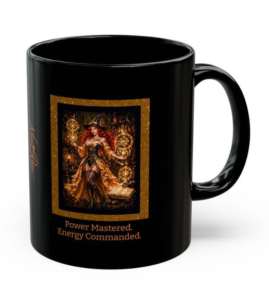 black mug with Noni arcane conjuring design featuring golden symbols and powerful mystical aesthetic