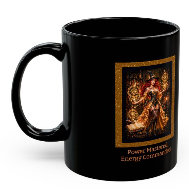 left side view of black ceramic mug with arcane gold design and mystical energy theme
