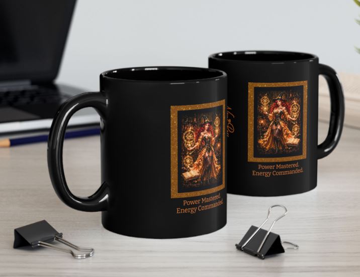 mystical black mug styled for coffee setting with elegant lighting and luxury aesthetic