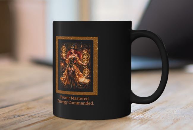 Power Mastered Energy Commanded black mug displayed in modern coffee setting with warm lighting and premium aesthetic