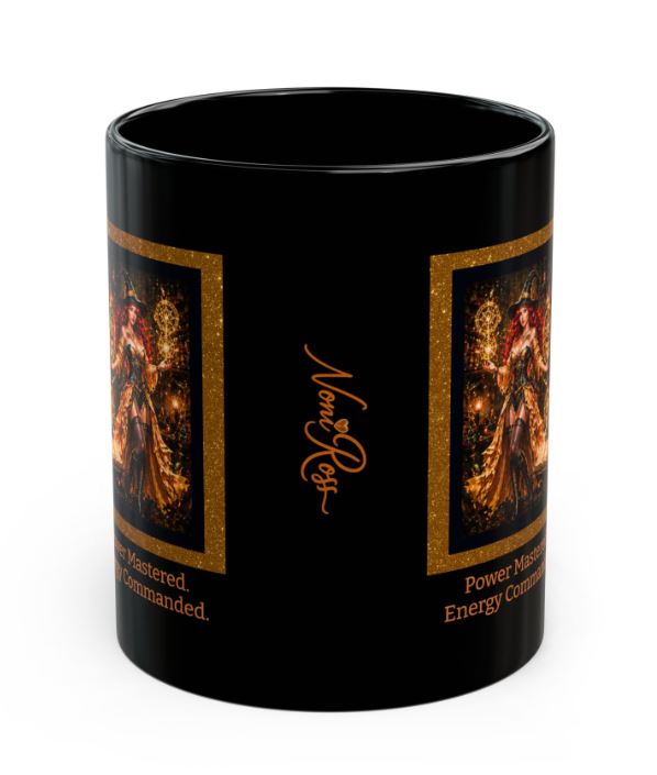 black mug showing wraparound gold frame artwork and Noni Ross signature branding