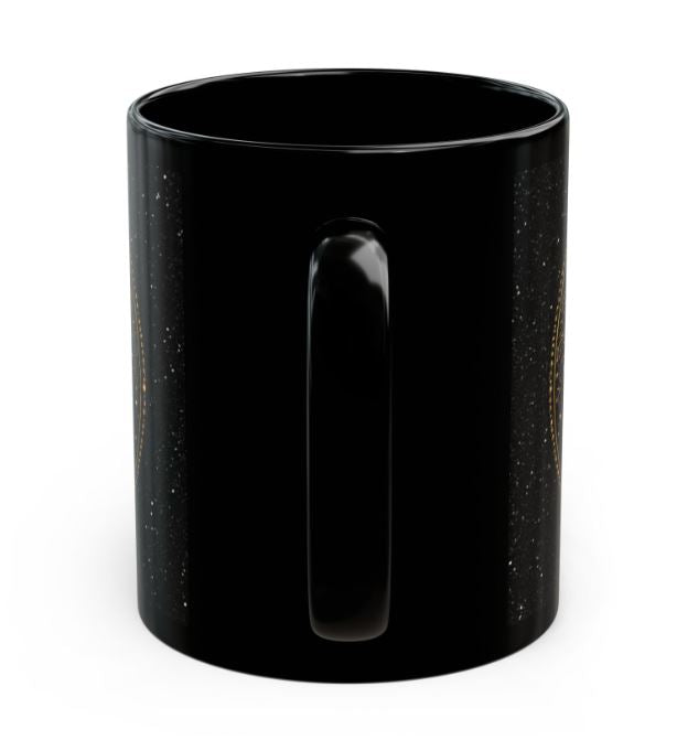 Back view of glossy black mug showing continuation of starry gold design