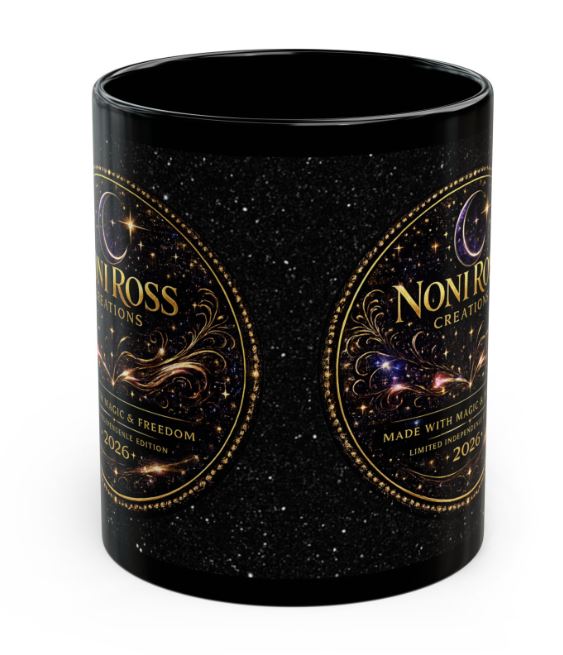 Front view of black coffee mug with Noni Ross Creations gold celestial seal design