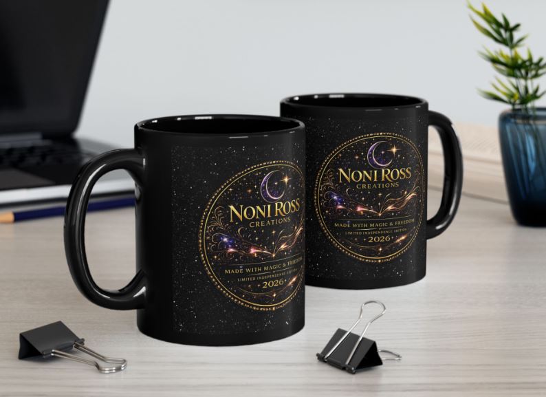 Elegant signature mug with gold logo shown in lifestyle setting with office decor