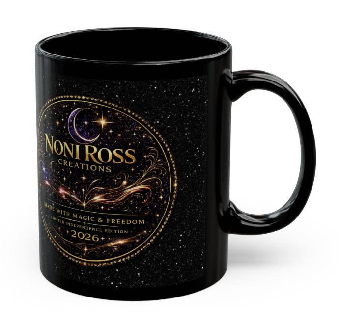 Right side view of black mug with celestial design and decorative gold elements