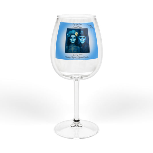 front view of wine glass showing january day of the dead couple blue design and catrin catrina artwork