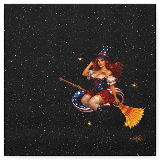 minimalist 12x12 canvas wall art featuring patriotic witch centered on black starry background