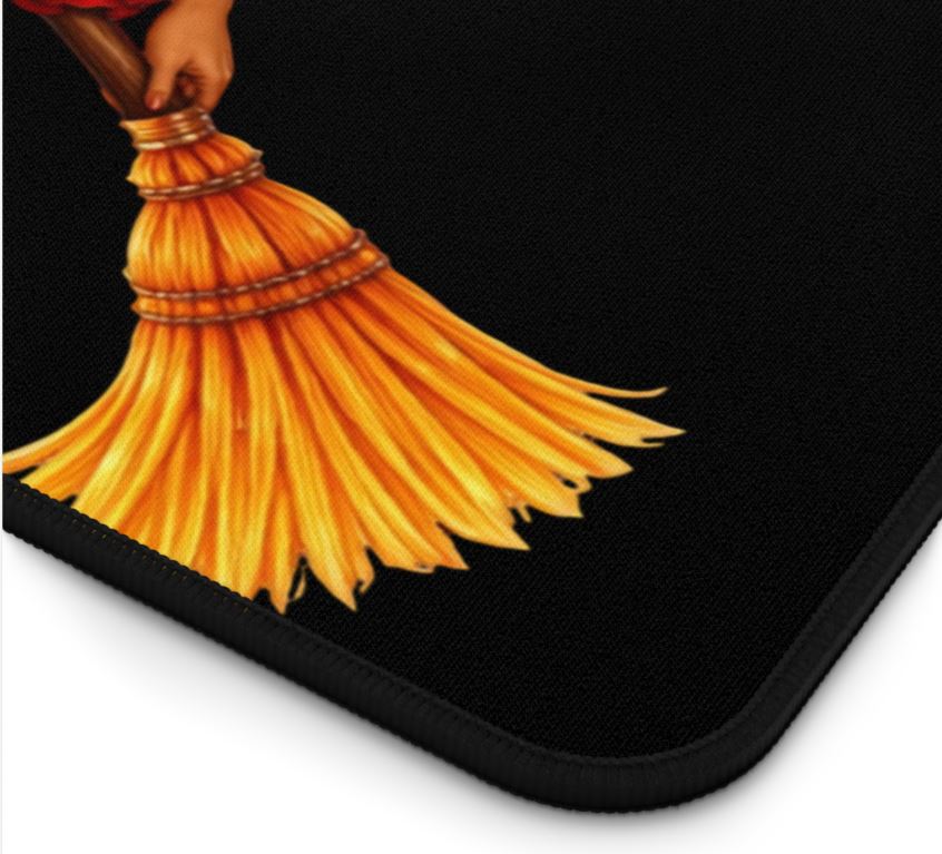Close up of patriotic witch desk pad showing detailed red hair pinup witch and starry background design