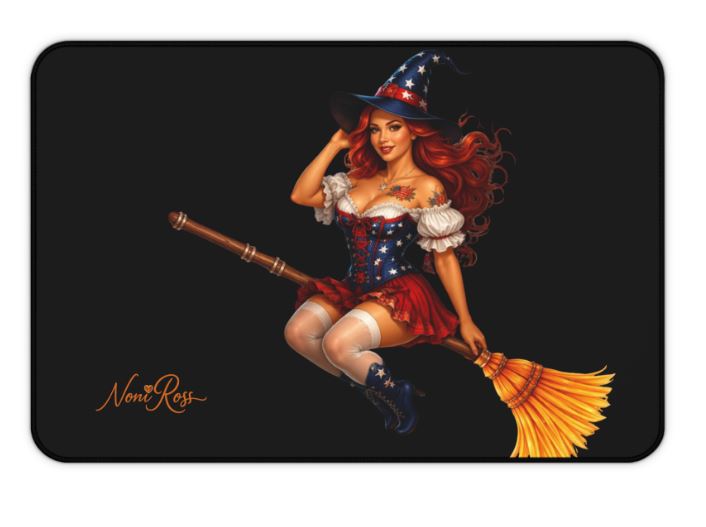 Patriotic witch desk pad 12x18 featuring red haired witch artwork on large workspace mat