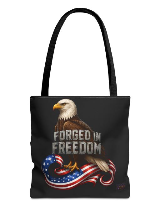 Close up of tote bag showing detailed eagle and forged in freedom artwork