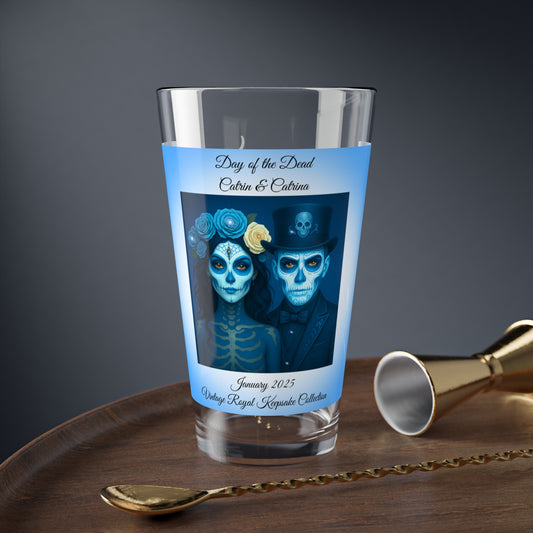 January day of the dead couple highball glass 16oz with blue catrin and catrina vintage keepsake design