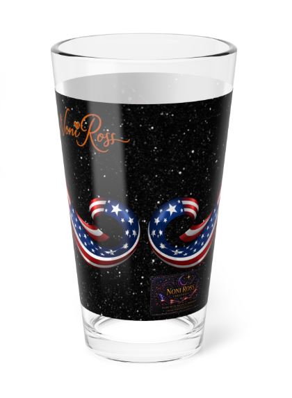 Back view of 16oz highball glass with clear smooth finish and wraparound patriotic witch design | Noni Ross Creations