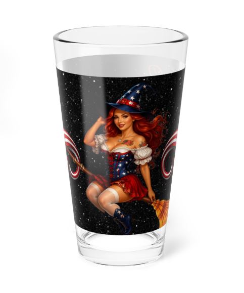 16oz highball glass featuring patriotic Noni witch on broom with American flag outfit against starry night background | Noni Ross Creations