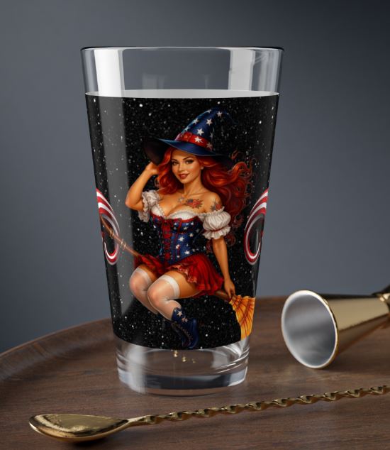 Highball glass mockup with patriotic Noni witch sitting on broom in American flag outfit on black starry background | Noni Ross Creations