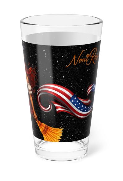 Right side view of 16oz highball glass featuring starry night background and vintage style patriotic witch artwork | Noni Ross Creations