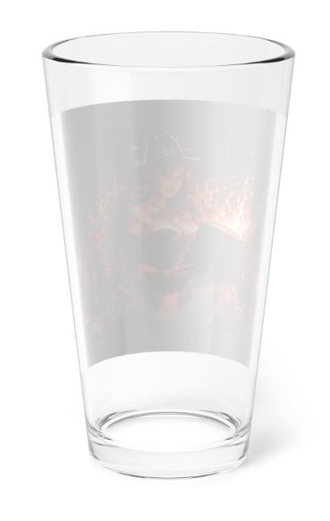 back view of mystical Noni highball glass showing full wraparound flame and spellcasting artwork design