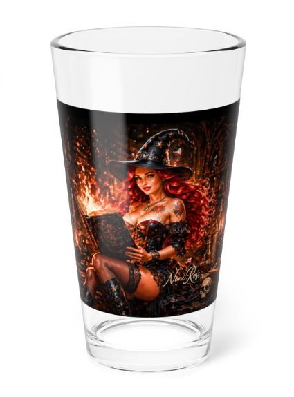 Noni spellbook highball glass featuring red-haired witch reading glowing grimoire with fiery magical background