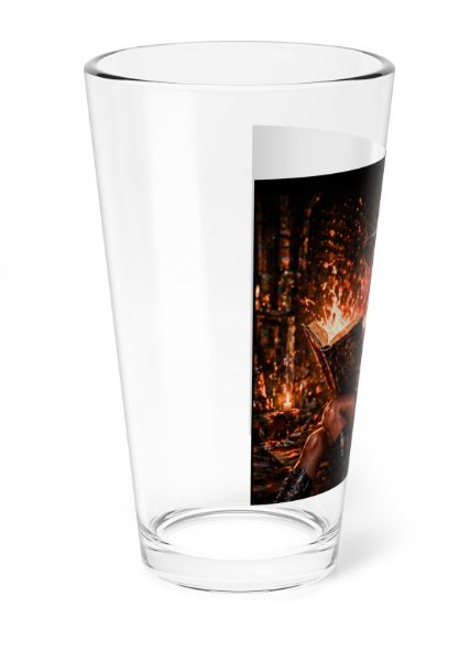 left side angle of Noni witch highball glass with detailed fire glow and dark fantasy aesthetic