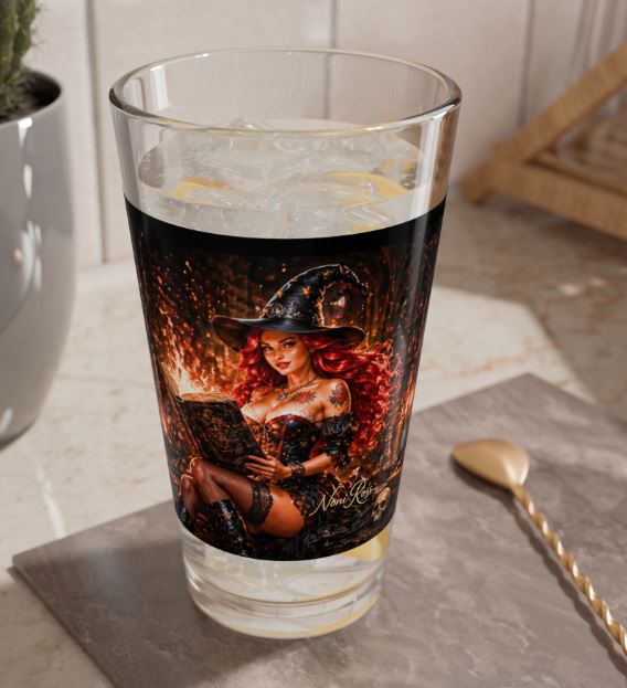 fantasy witch highball glass styled in moody bar scene with warm lighting and mystical atmosphere