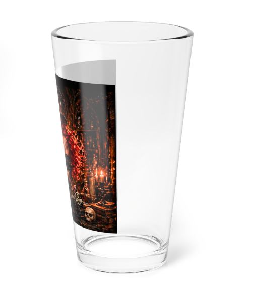 right side view of spellbook witch glass showing vibrant orange flames and magical ambiance