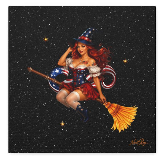 Patriotic witch pinup canvas wall art featuring red-haired witch on broom with stars and red white blue theme by Noni Ross Creations