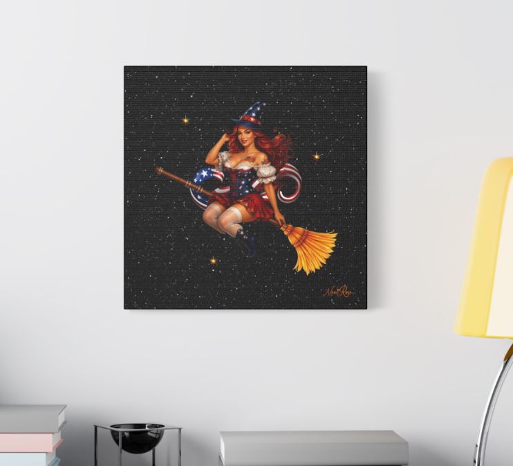 Patriotic witch canvas wall art displayed in modern living room decor with starry background and vintage pinup style artwork