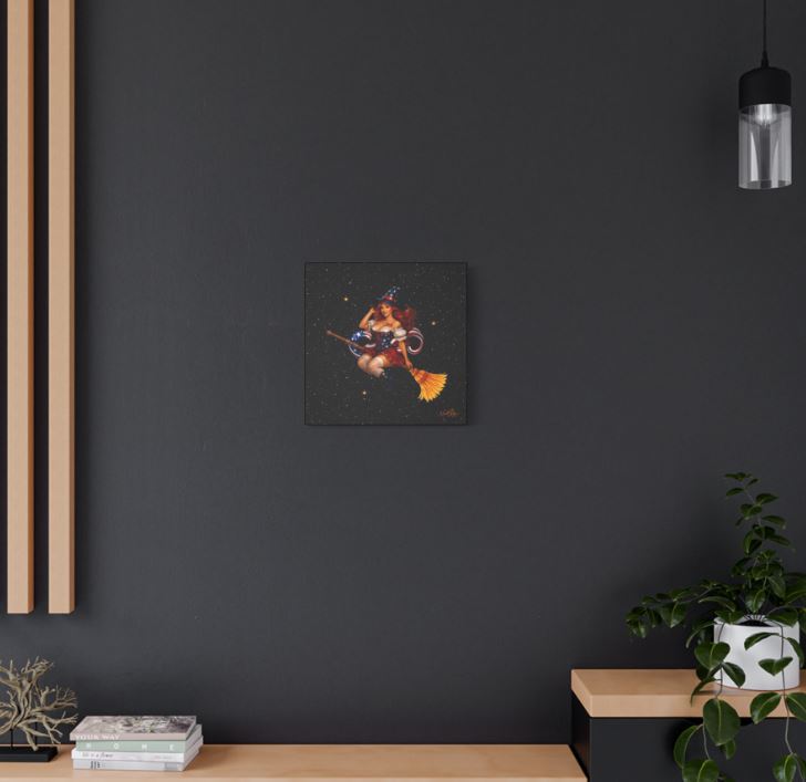 Red white and blue witch pinup canvas artwork styled on wall with cozy home decor setting and celestial star background
