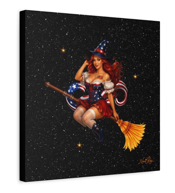 Side view of 16x16 stretched canvas wall art showing 1.25 inch gallery depth frame and patriotic witch design