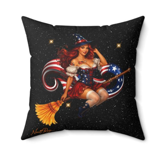 double-sided decorative pillow showing patriotic witch artwork with starry night background on soft faux suede fabric