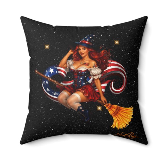 16x16 throw pillow with patriotic witch design on black starry background with vibrant red white and blue details