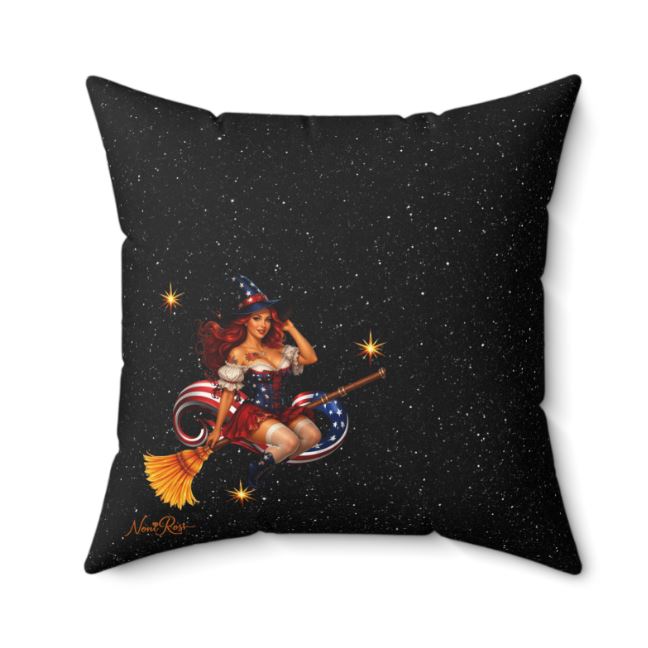 Double sided patriotic witch pillow design with celestial stars and vintage pinup witch artwork