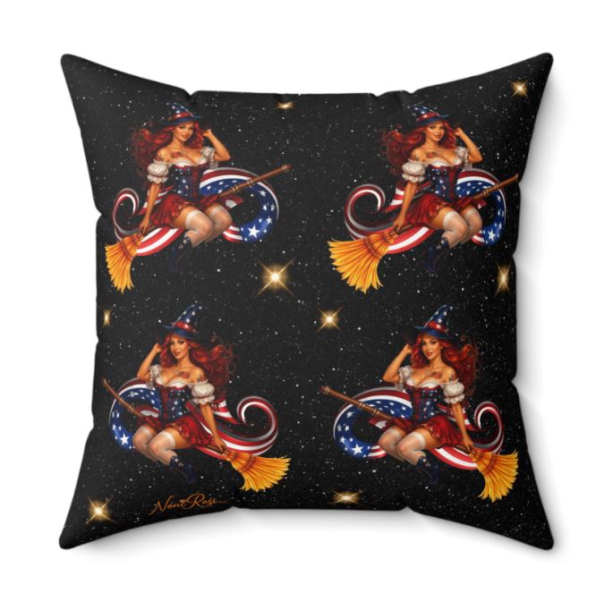 patterned decorative pillow with red white and blue witch design displayed in modern living space