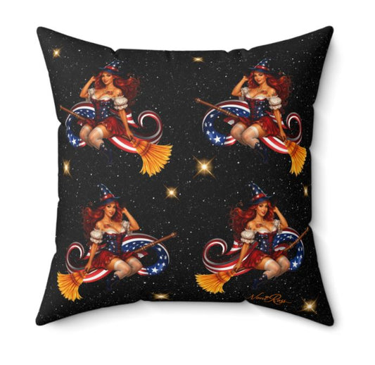 18x18 throw pillow with repeating patriotic witch pattern on black starry background